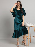 Women Flared Sleeves Velvet Drop-Waist Midi Dress With Ruffles Details