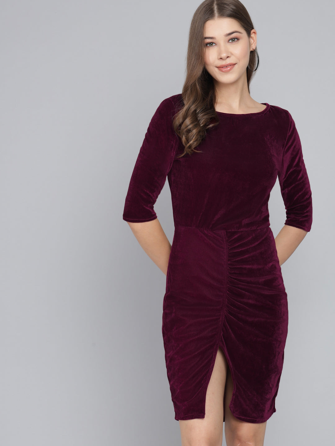 Boat Neck Gathered Surfacing Front Slit Velvet Sheath Dress