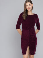 Boat Neck Gathered Surfacing Front Slit Velvet Sheath Dress