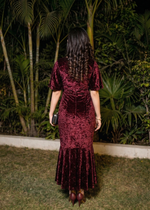 Wine Burgundy Crush Velvet Flared Midi Dress
