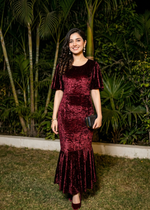 Wine Burgundy Crush Velvet Flared Midi Dress