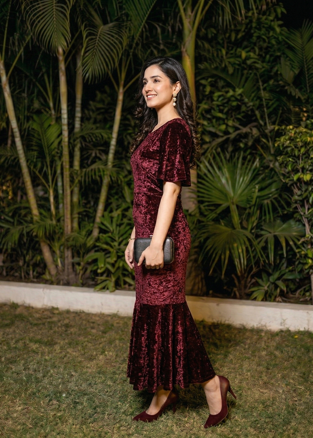 Wine Burgundy Crush Velvet Flared Midi Dress