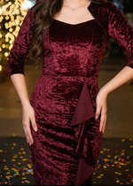 Burgundy Crush Velvet Ruffle Detail Bodycon Midi Dress