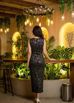 Black Metallic Embossed Bodycon Midi Dress with Wrap Neck