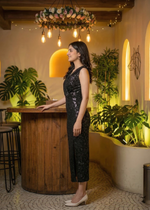 Black Metallic Embossed Bodycon Midi Dress with Wrap Neck