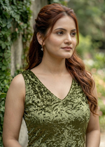 Golden Olive Crush Velvet Sleeveless Bodycon Midi Dress