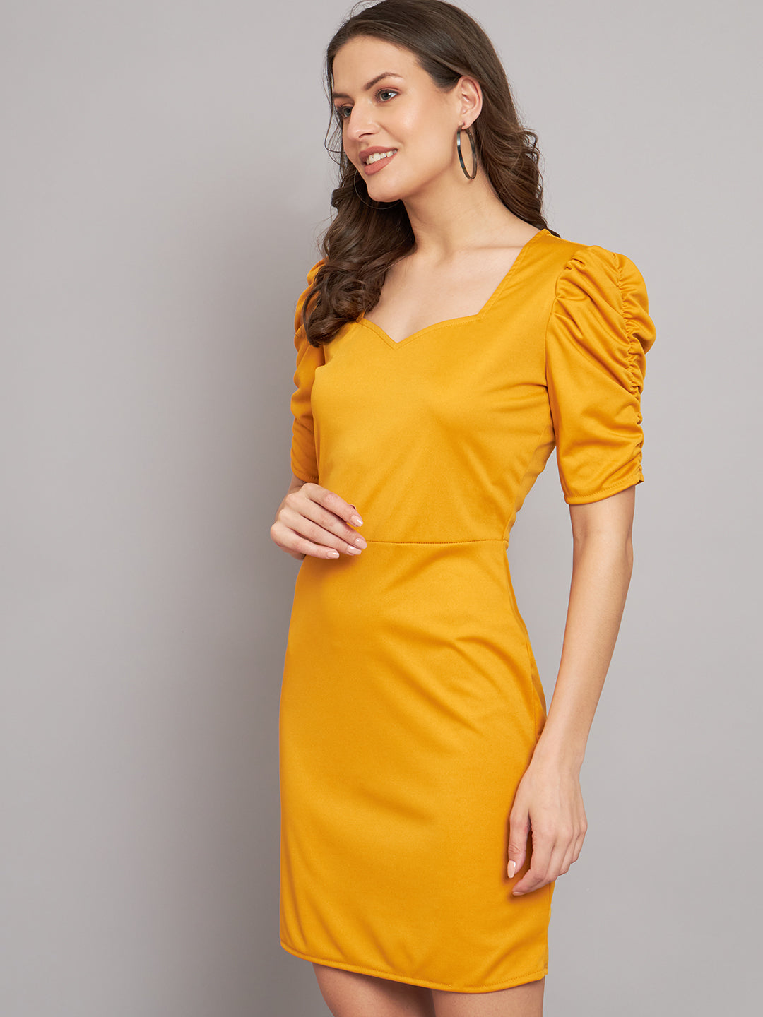 Lycra Ruffle Sleeves Mini Party Dress Yellow