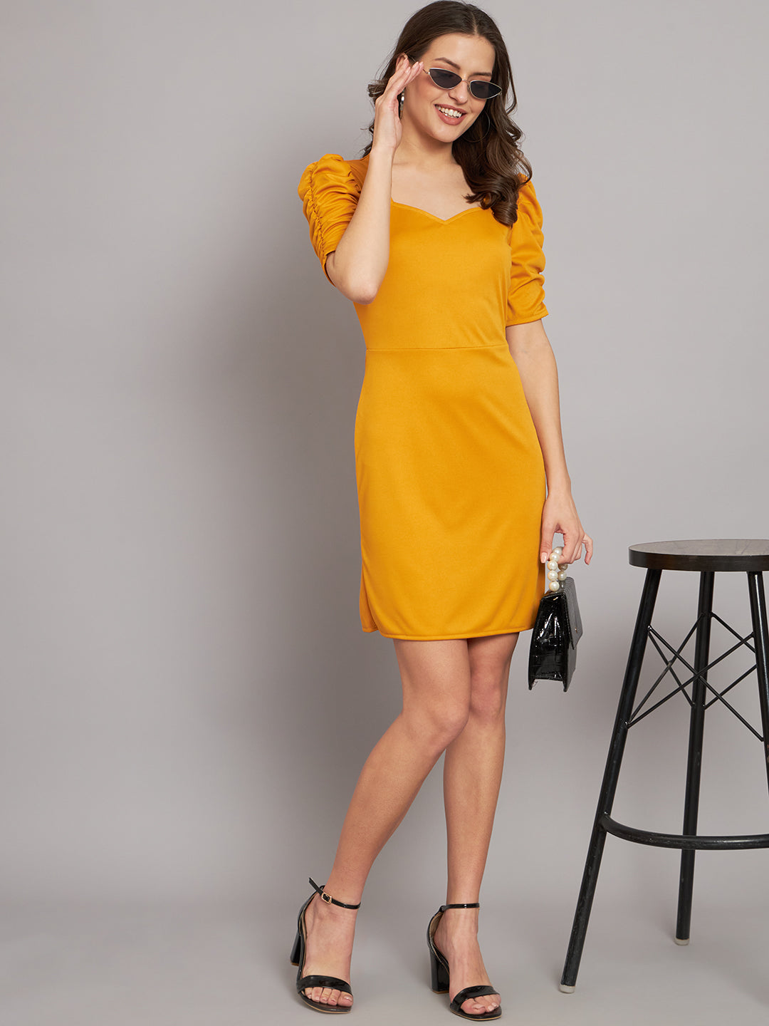 Lycra Ruffle Sleeves Mini Party Dress Yellow