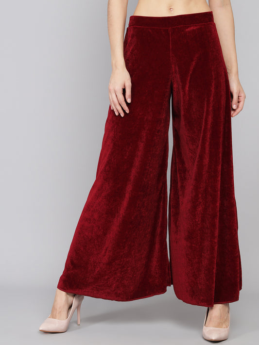 Vaararo Party Trousers for Women | Shiny Velvet Fabric Wide Bottoms Stylish Palazzo Pants