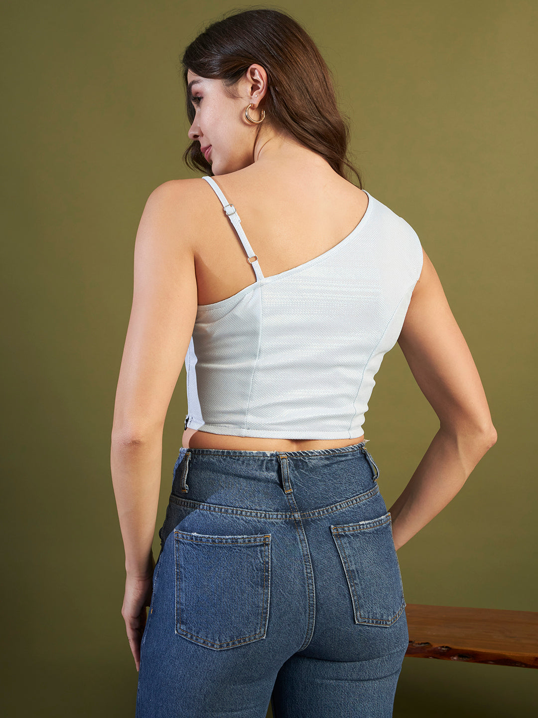 Lycra Shimmery One-Shoulder Crop Top – Ice Blue