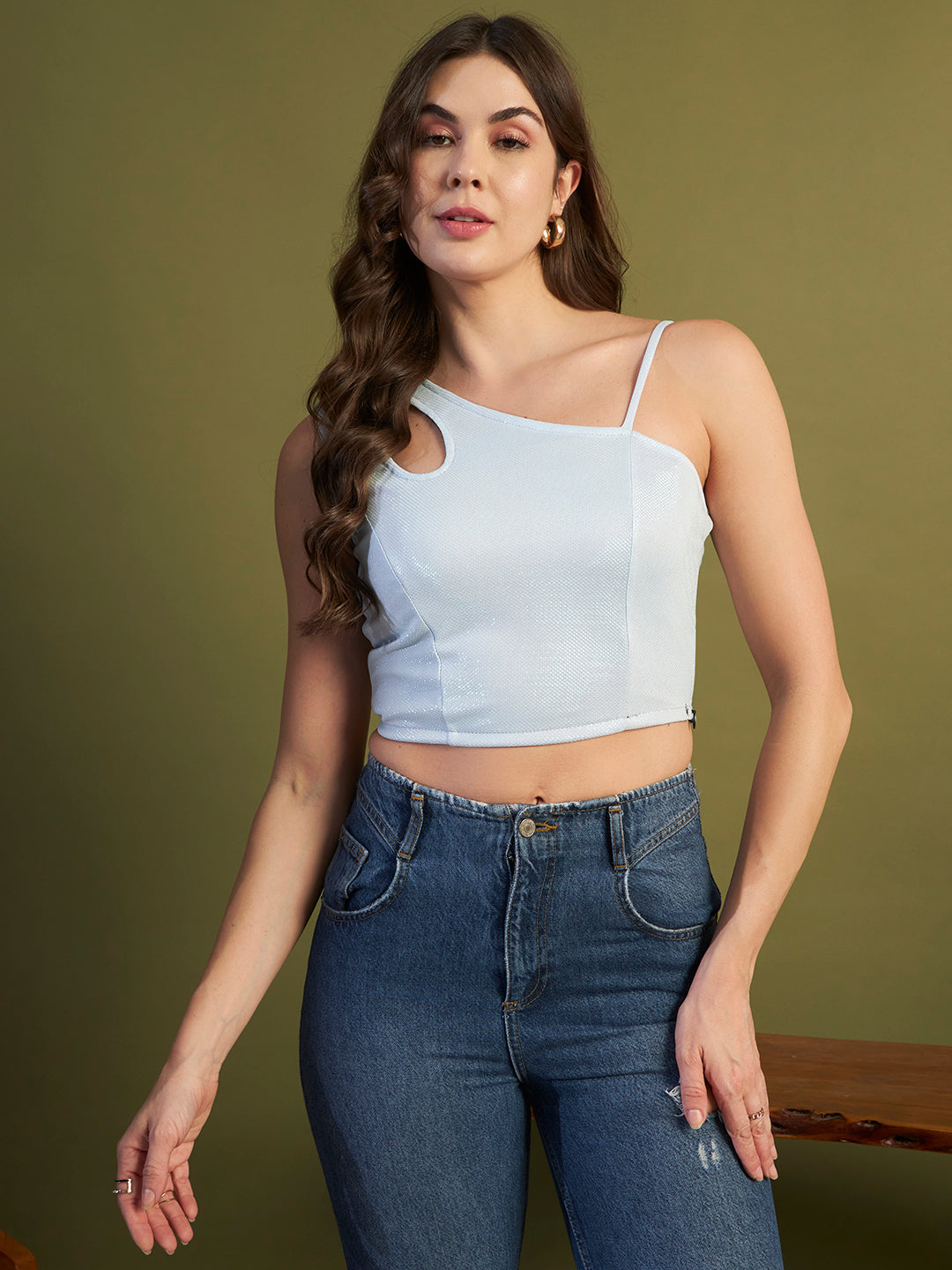 Lycra Shimmery One-Shoulder Crop Top – Ice Blue