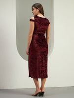 Wine Crushed Velvet Off-Shoulder Midi Dress