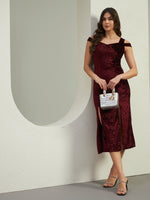 Wine Crushed Velvet Off-Shoulder Midi Dress