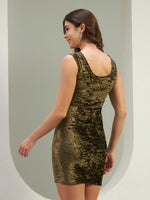 Women's Antique Olive Gold Metallic Crushed Velvet Bodycon Mini Dress | Sleeveless Party Wear Dress