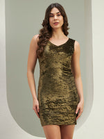 Women's Antique Olive Gold Metallic Crushed Velvet Bodycon Mini Dress | Sleeveless Party Wear Dress