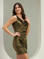 Women's Antique Olive Gold Metallic Crushed Velvet Bodycon Mini Dress | Sleeveless Party Wear Dress