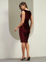 Wine Crushed Velvet Wrap Neck Bodycon Midi Dress for Women