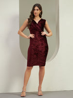 Wine Crushed Velvet Wrap Neck Bodycon Midi Dress for Women