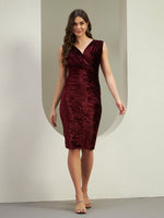 Wine Crushed Velvet Wrap Neck Bodycon Midi Dress for Women