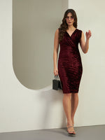 Wine Crushed Velvet Wrap Neck Bodycon Midi Dress for Women