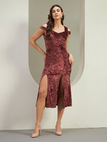 Wine Crushed Velvet Cold-Shoulder Bodycon Midi Dress with Dual Front Slits