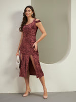 Wine Crushed Velvet Cold-Shoulder Bodycon Midi Dress with Dual Front Slits