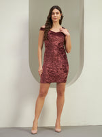 Wine Crushed Velvet Cold-Shoulder Bodycon Dress