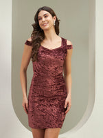 Wine Crushed Velvet Cold-Shoulder Bodycon Dress