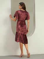 Women's Wine Crushed Velvet Asymmetric Ruffle Midi Dress with Flutter Sleeves