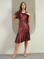 Women's Wine Crushed Velvet Asymmetric Ruffle Midi Dress with Flutter Sleeves