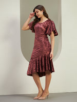 Women's Wine Crushed Velvet Asymmetric Ruffle Midi Dress with Flutter Sleeves