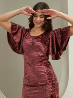 Women's Wine Crushed Velvet Asymmetric Ruffle Midi Dress with Flutter Sleeves