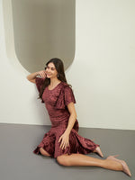 Women's Wine Crushed Velvet Asymmetric Ruffle Midi Dress with Flutter Sleeves