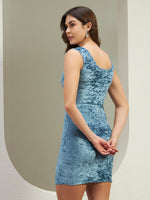 Sky Blue Crushed Velvet Bodycon Mini Dress for Women | Sleeveless V-Neck Party Dress