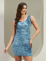 Sky Blue Crushed Velvet Bodycon Mini Dress for Women | Sleeveless V-Neck Party Dress