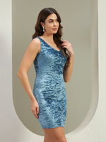 Sky Blue Crushed Velvet Bodycon Mini Dress for Women | Sleeveless V-Neck Party Dress