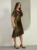 Olive Green Crushed Velvet Mermaid Midi Dress