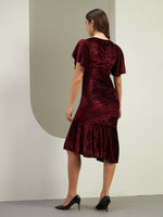 Women's Wine Crushed Velvet Midi Dress with Flutter Sleeves & Asymmetric Flounce Hem