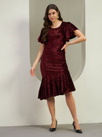 Women's Wine Crushed Velvet Midi Dress with Flutter Sleeves & Asymmetric Flounce Hem