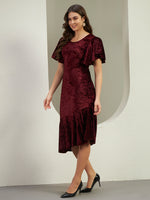 Women's Wine Crushed Velvet Midi Dress with Flutter Sleeves & Asymmetric Flounce Hem