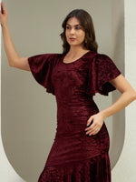 Women's Wine Crushed Velvet Midi Dress with Flutter Sleeves & Asymmetric Flounce Hem