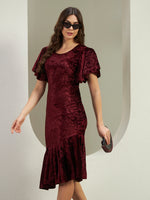 Women's Wine Crushed Velvet Midi Dress with Flutter Sleeves & Asymmetric Flounce Hem