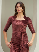 Radiant in Wine: The Crushed Velvet Ruffle Midi Dress