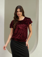 Luxe Wine Red Crushed Velvet Flutter Sleeve Top