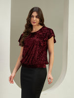 Luxe Wine Red Crushed Velvet Flutter Sleeve Top