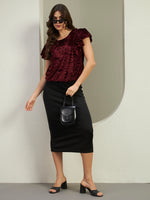 Luxe Wine Red Crushed Velvet Flutter Sleeve Top