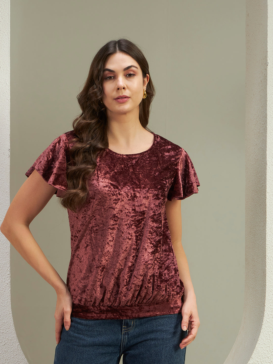 The Radiant Velvet Flutter Top in Wine