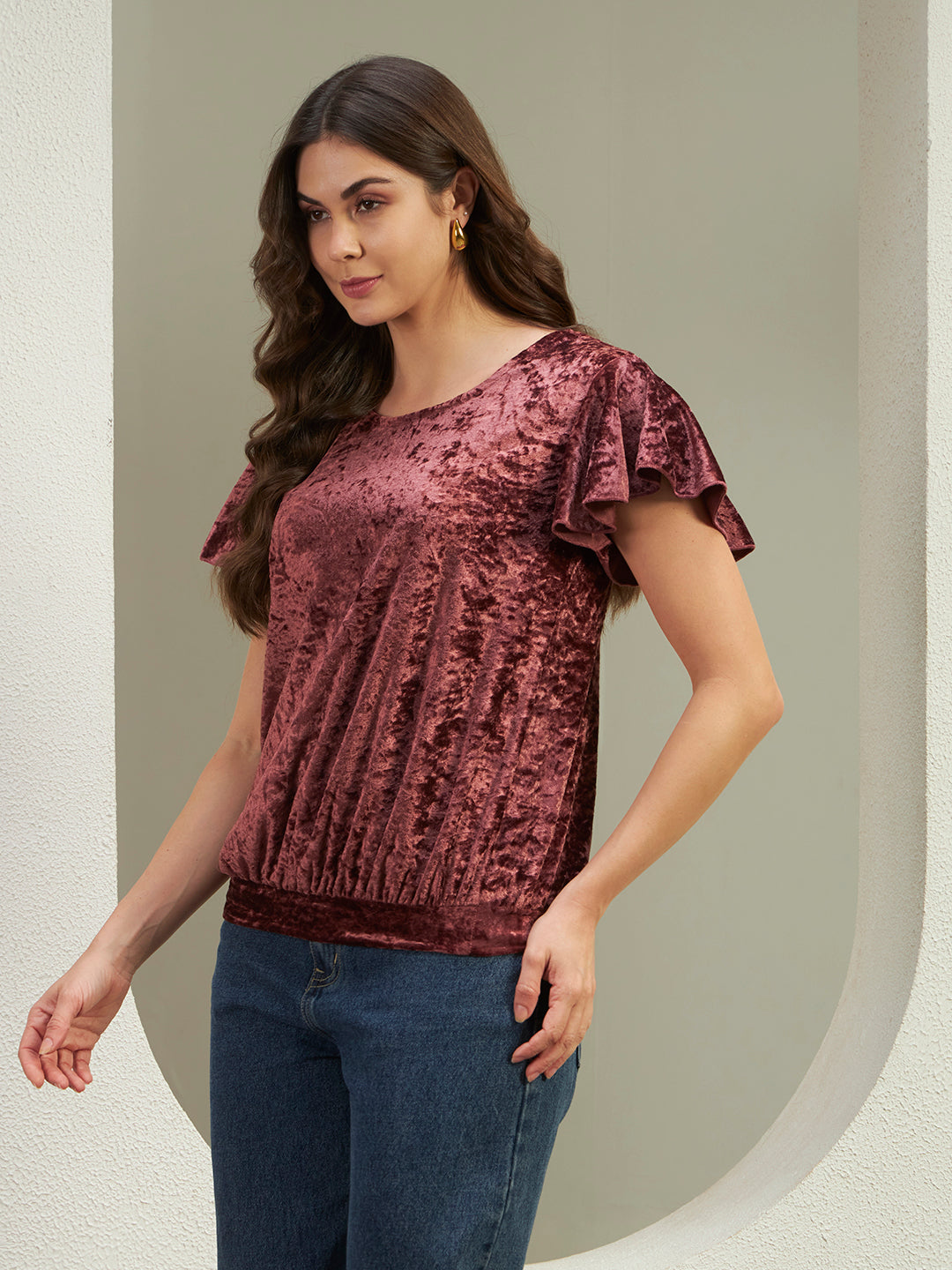 The Radiant Velvet Flutter Top in Wine