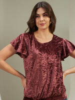 The Radiant Velvet Flutter Top in Wine
