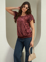 The Radiant Velvet Flutter Top in Wine